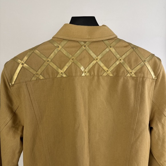 VTG 80s/90s Apart Denim Jacket  Size 12 Camel Tan Gold Grid Strap Studded Stains - Picture 6 of 10